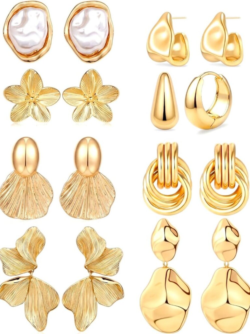 Chunky Gold Beach Earrings - 8 Pairs of Stylish Summer Jewelry for Women
